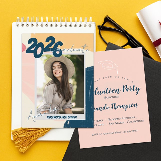 Convite e Anúncio de Formatura com Foto 2026 & Fes (2026 Photo Graduation Party Invitation | Modern Pastel Graduate Announcement)