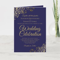 Convite e Programa de Casamento Azul e Dourado do