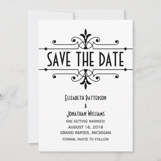 Convite Ebony v2 Fancy Ornamental Save the Date (Frente)