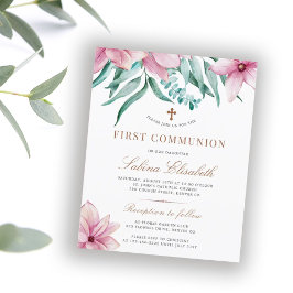 Convite econômico de primeira comunhão floral rosa