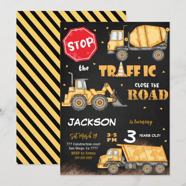 Convite Editável de Aniversário de Construção (Frente/Verso)