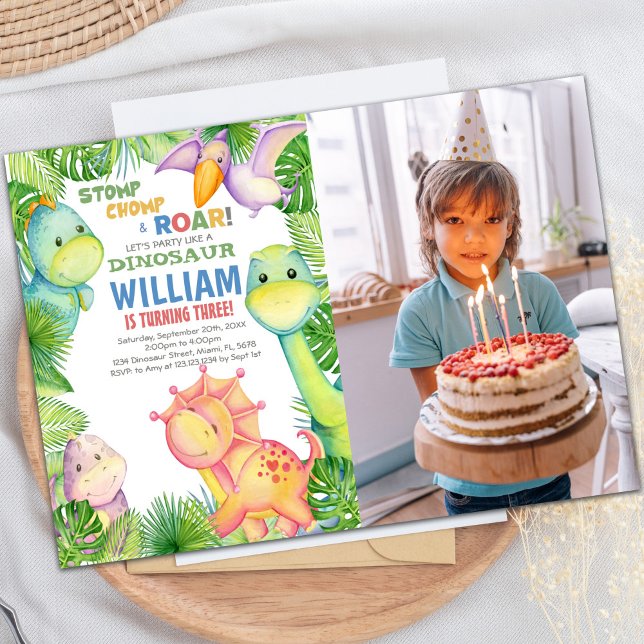 Convite Editável de Aniversário do Dinossaur com F (Green watercolor Dinosaur Birthday photo Invitation)