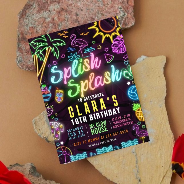 Convite Editável de Grupo de Divisão de Grupo de B (Splish Splash Party Glow Party Editable Invitation)