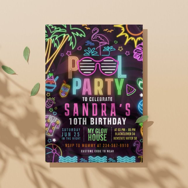 Convite Editável Festa Glow Pool Party (Pool Party Glow Party Editable Invitation)
