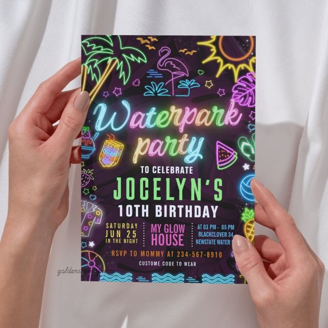 Convite Editável Festa Glow Waterpark (Waterpark Glow Party Editable Invitation)