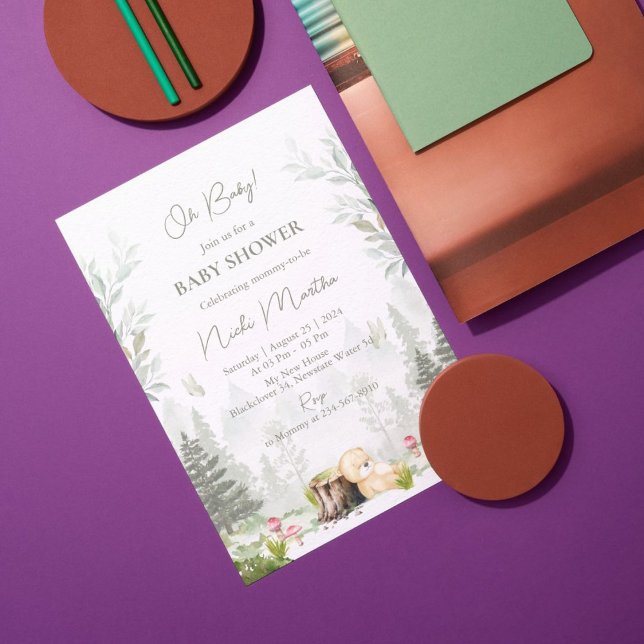 Convite Editável para Chá de fraldas Woodland (Criador carregado)