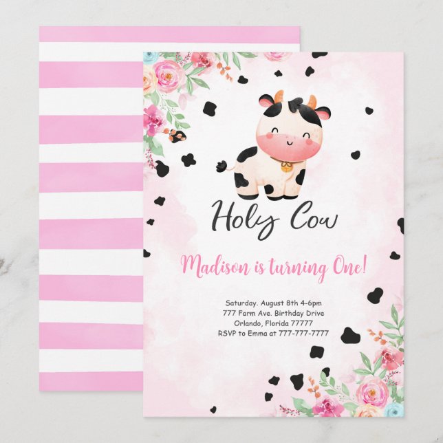 Convite Editável para o Aniversário da Santa Vaca (Frente/Verso)