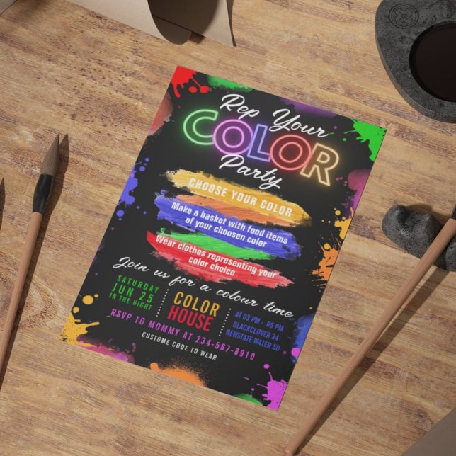 Convite Editável Preto Festa Colorida (Color Party Black Invitation Editable Invitation)