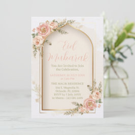 Convite Eid Mubarak com Arco Dourado e Flores Rosa