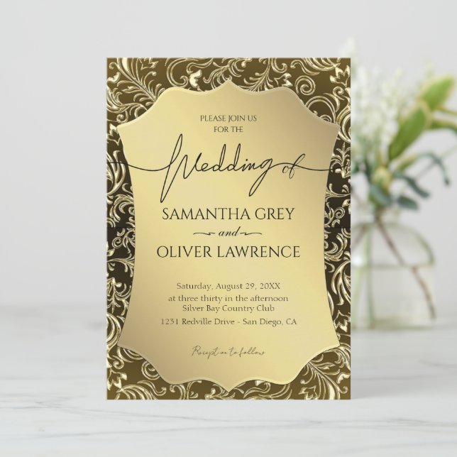 Convite Elegance para ouro Damask (Em pé/Frente)