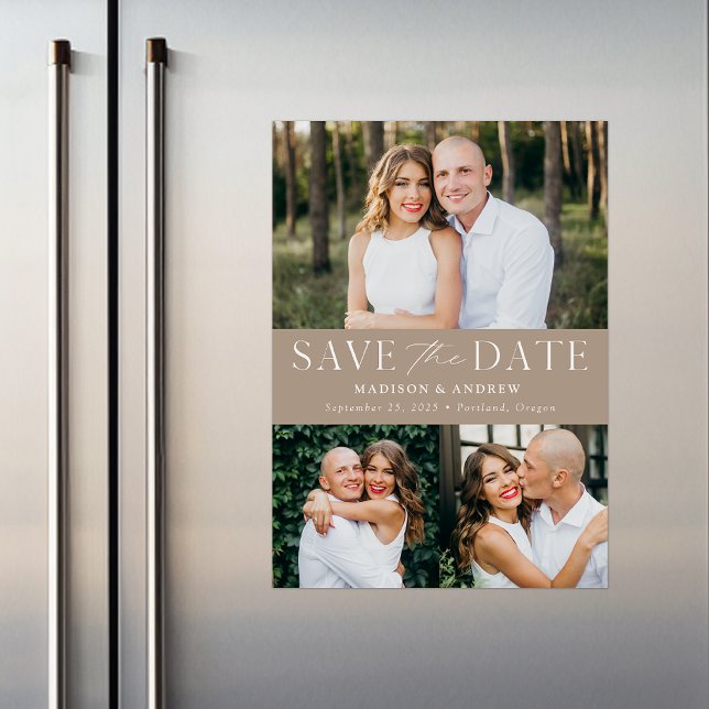 Convite Elegância Moderna Bege Três Fotos Save the Date (Criador carregado)