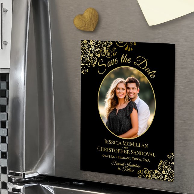 Convite Elegant Black & Gold Wedding Save the Date Photo (Magnetic Back for Easy Display!)