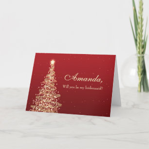 Convite Elegant Christmas Be My Bridesmaid Red Gold