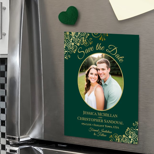 Convite Elegant Emerald & Gold Wedding Save the Date Photo (Magnetic Back for Easy Display!)