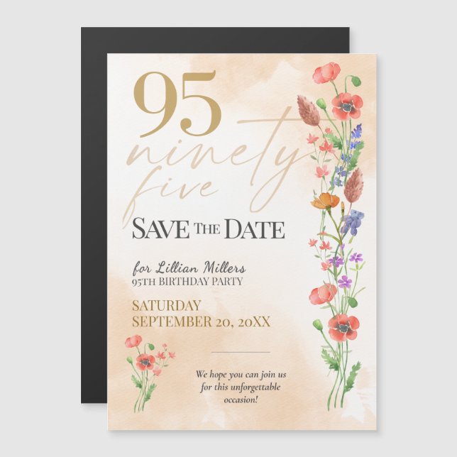 Convite Elegant Floral 95th Birthday - 95 Save The Date (Frente/Verso)