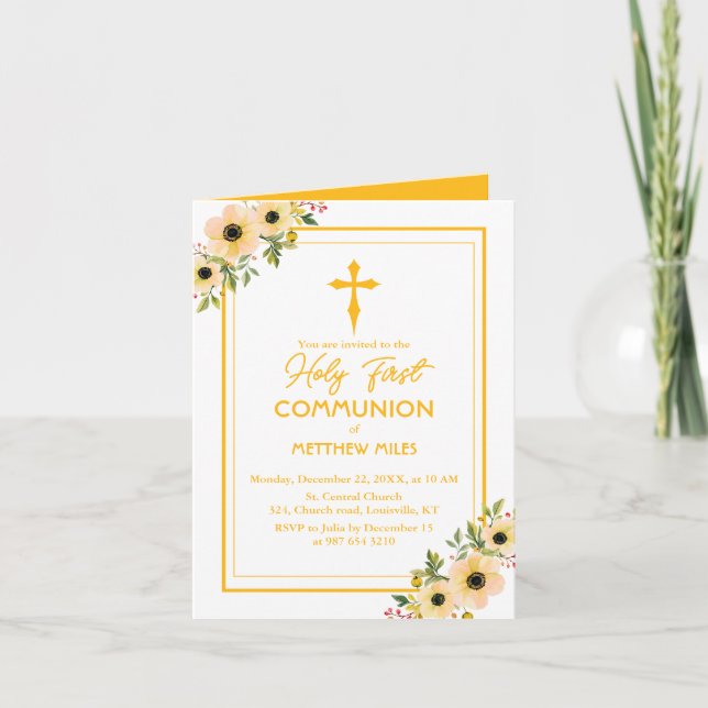 Convite Elegant floral first católica communion (Frente)