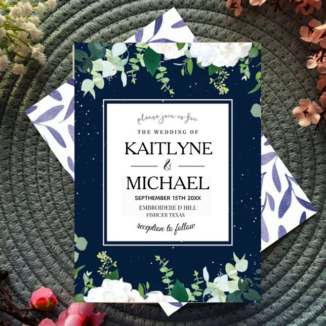 Convite Elegant Floral Square Botanical Navy Wedding  (Criador carregado)