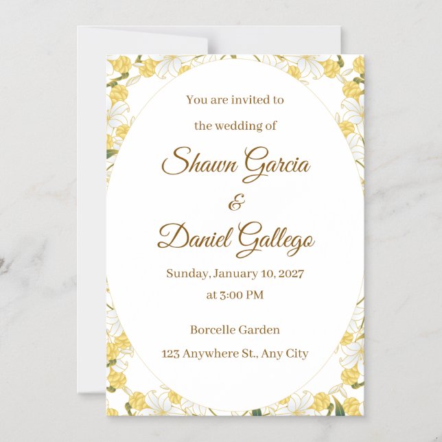Convite Elegant Gold Floral Wedding Invitation Card (Frente)