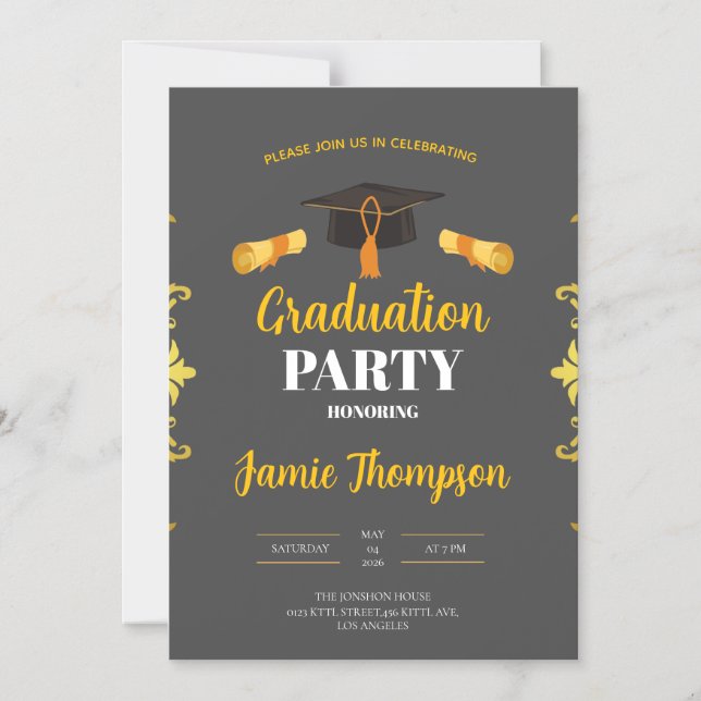 Convite Elegant Grey & Gold Graduation Party Invitation (Frente)