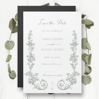 Convite Elegant Sage Baroque Roses Save the Date