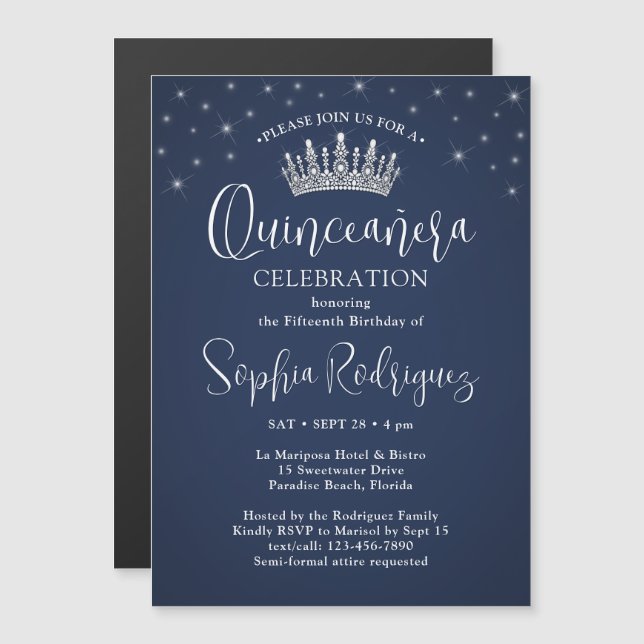 Convite Elegant Sparkles Quinceañera Crown Navy Blue (Frente/Verso)