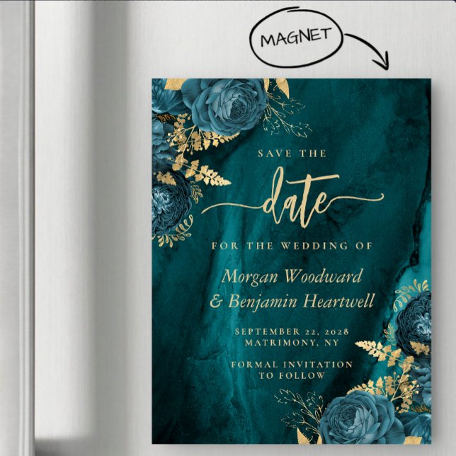 Convite Elegant Teal Gold Floral Wedding Save the Date (Criador carregado)