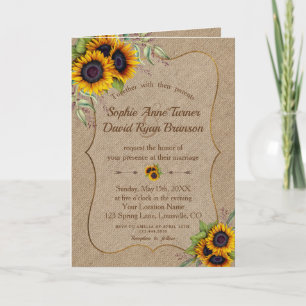 Convite Elegant Watercolor Sunflowers Burlap Wedding