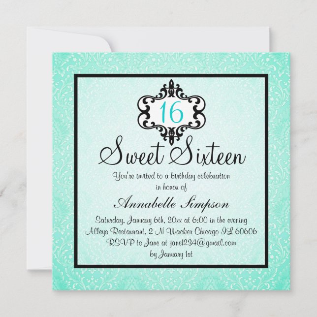 Convite Elegante Aqua & Black Chic Damask Sweet 16 (Frente)