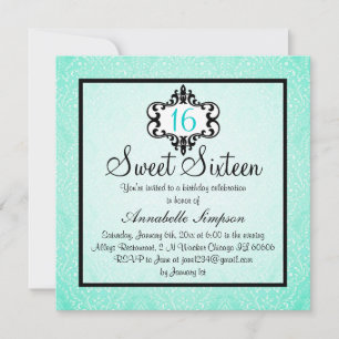 Convite Elegante Aqua & Black Chic Damask Sweet 16
