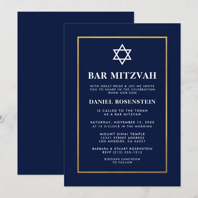 Convite Elegante Bar Mitzvah Azul Dourado (Frente/Verso)