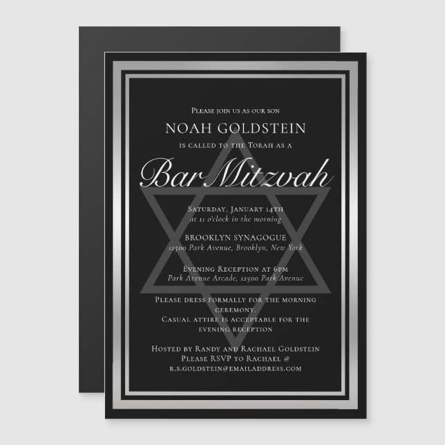 Convite Elegante Bar Mitzvah Preto Prata Formal (Frente/Verso)
