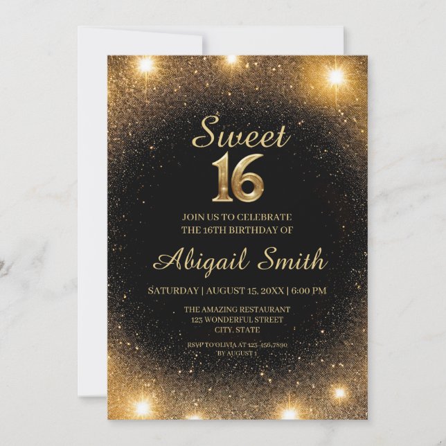 Convite Elegante Black & Dourado Sparkle Sweet 16 (Frente)
