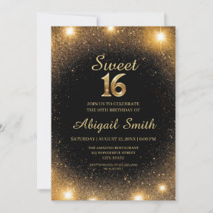 Convite Elegante Black & Dourado Sparkle Sweet 16