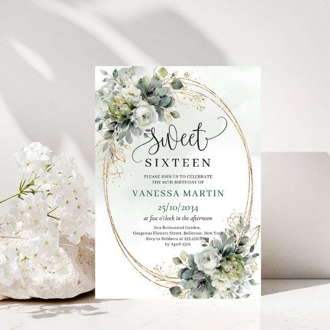 Convite Elegante Botânico Doce 16 Verde Dourado (Elegant Botanical Sweet 16 Green Gold Invitation)