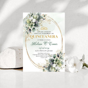 Convite Elegante Botânico Quinceañera Verde Dourad