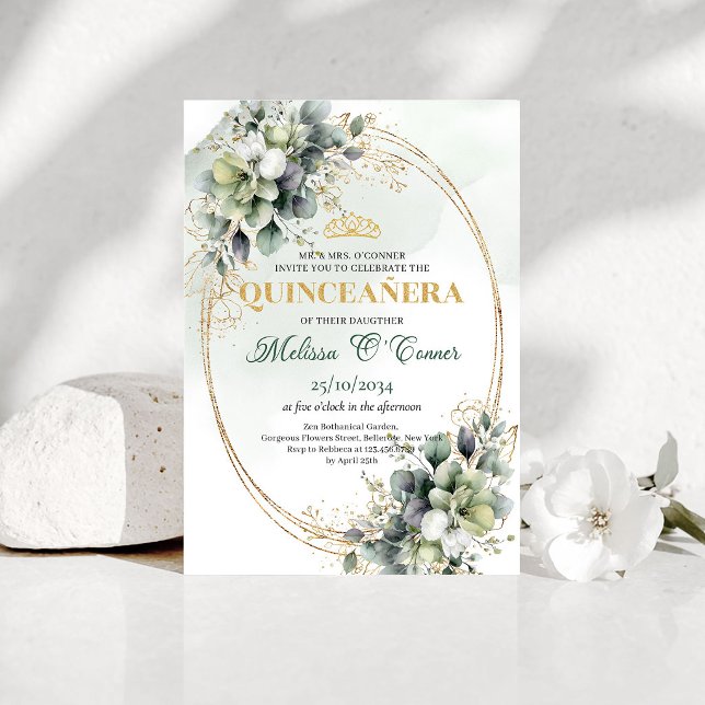 Convite Elegante Botânico Quinceañera Verde Dourad (Elegant Botanical Quinceañera Green Gold Invitation)