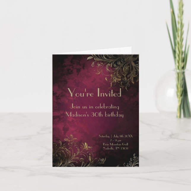 Convite Elegante Burgundy e Faux Dourado (Frente)