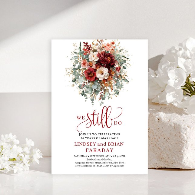 Convite Elegante Burgundy Floral We Still Do (This romantic vow renewal invitation features watercolor burgundy flowers, lush eucalyptus greenery )