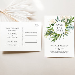Convite Elegante Cartão Postal de Save The Date com Folhag
