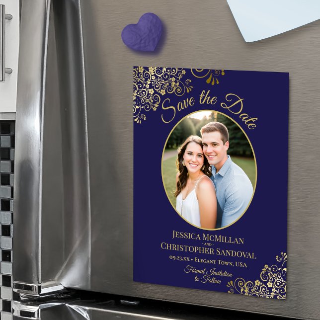 Convite Elegante Casamento Azul-Navy & Dourado Save the Da (Criador carregado)