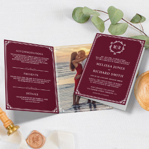 Convite Elegante Casamento com Monograma em Burgundy e Bra