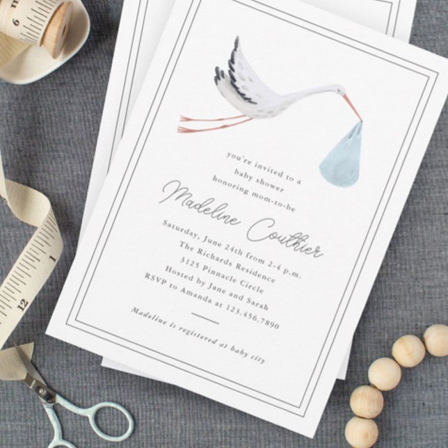 Convite Elegante Chá de fraldas de Boys Stork Desenhados à (Elegant hand drawn stork baby shower magnetic invitations.)