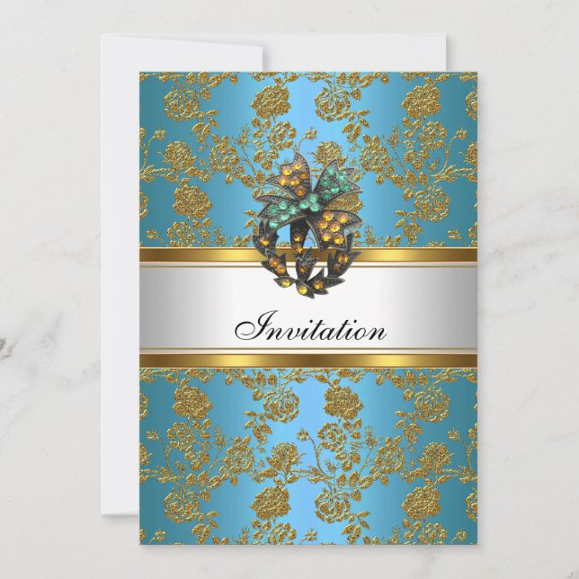 Convite Elegante Chique Dourado Azul Floral (Frente)