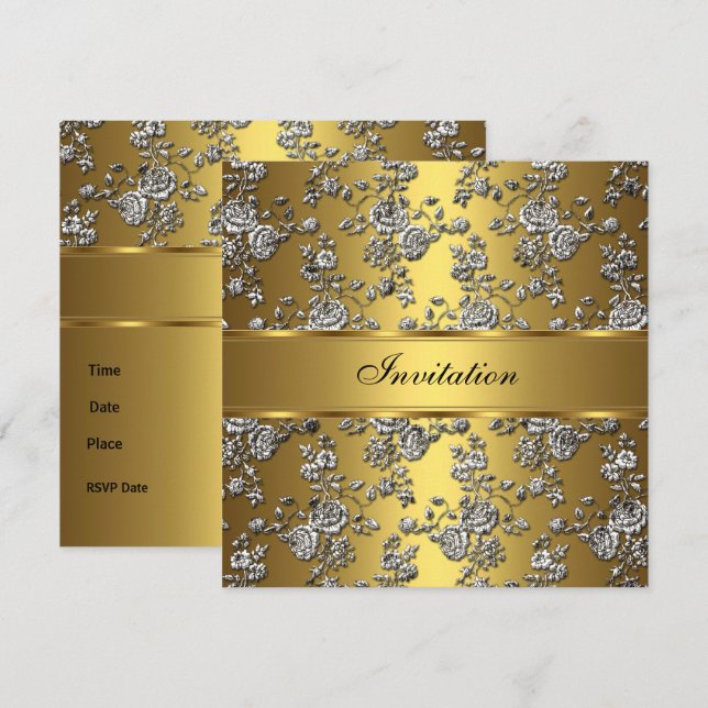Convite Elegante Chique Dourado Relevo Floral (Frente/Verso)