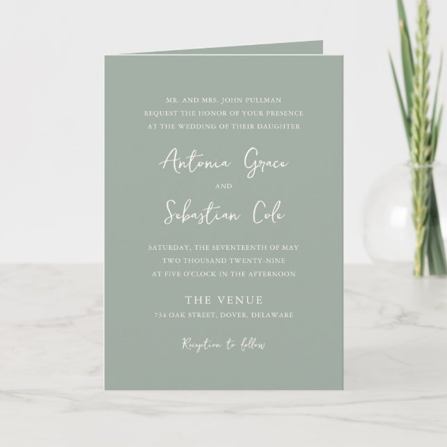 Convite Elegante Código QR Verde Sage Casamento Moderno (Frente)