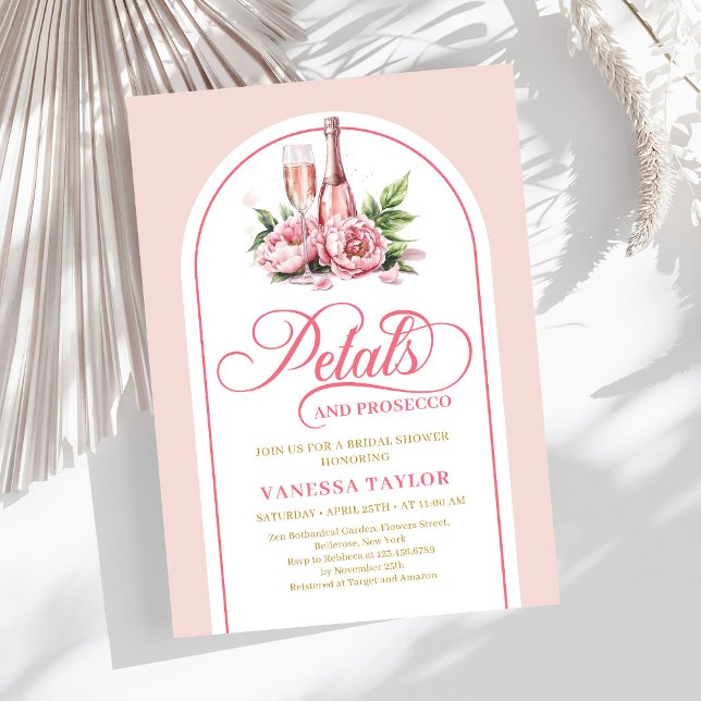 Convite elegante com pétalas e prosecco em tons do (Elegant petals and prosecco blush gold invitation)