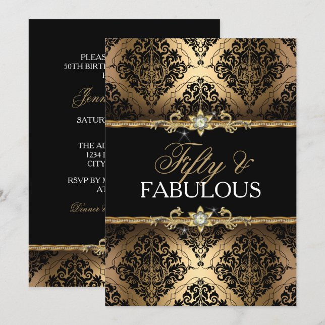 Convite Elegante Damasco Dourado Cinquenta e Fabul (Frente/Verso)