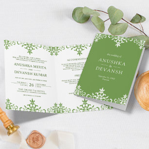Convite Elegante Damasco Verde Casamento Tradicional India