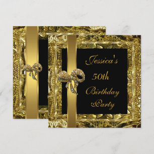 Convite Elegante de 50 Anos Preto Dourado Ornament