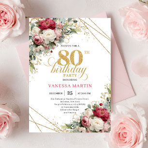 Convite elegante de 80º aniversário floral rosa Bo